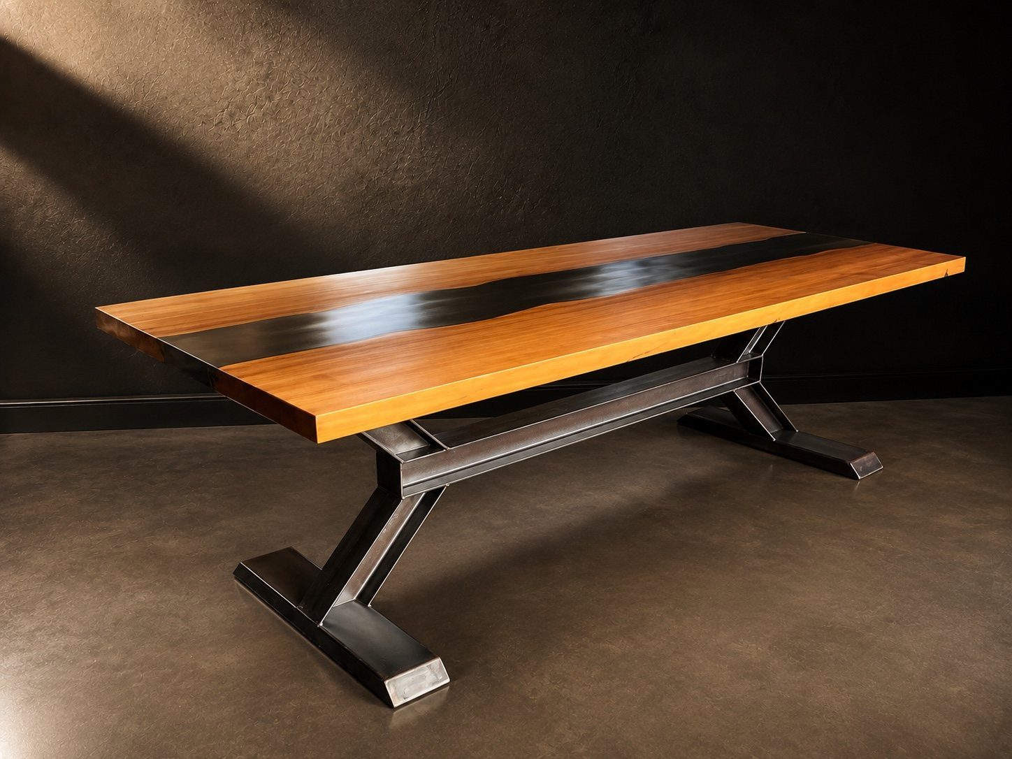 Ancient Kauri River Table with a black resin centre and raw steel base